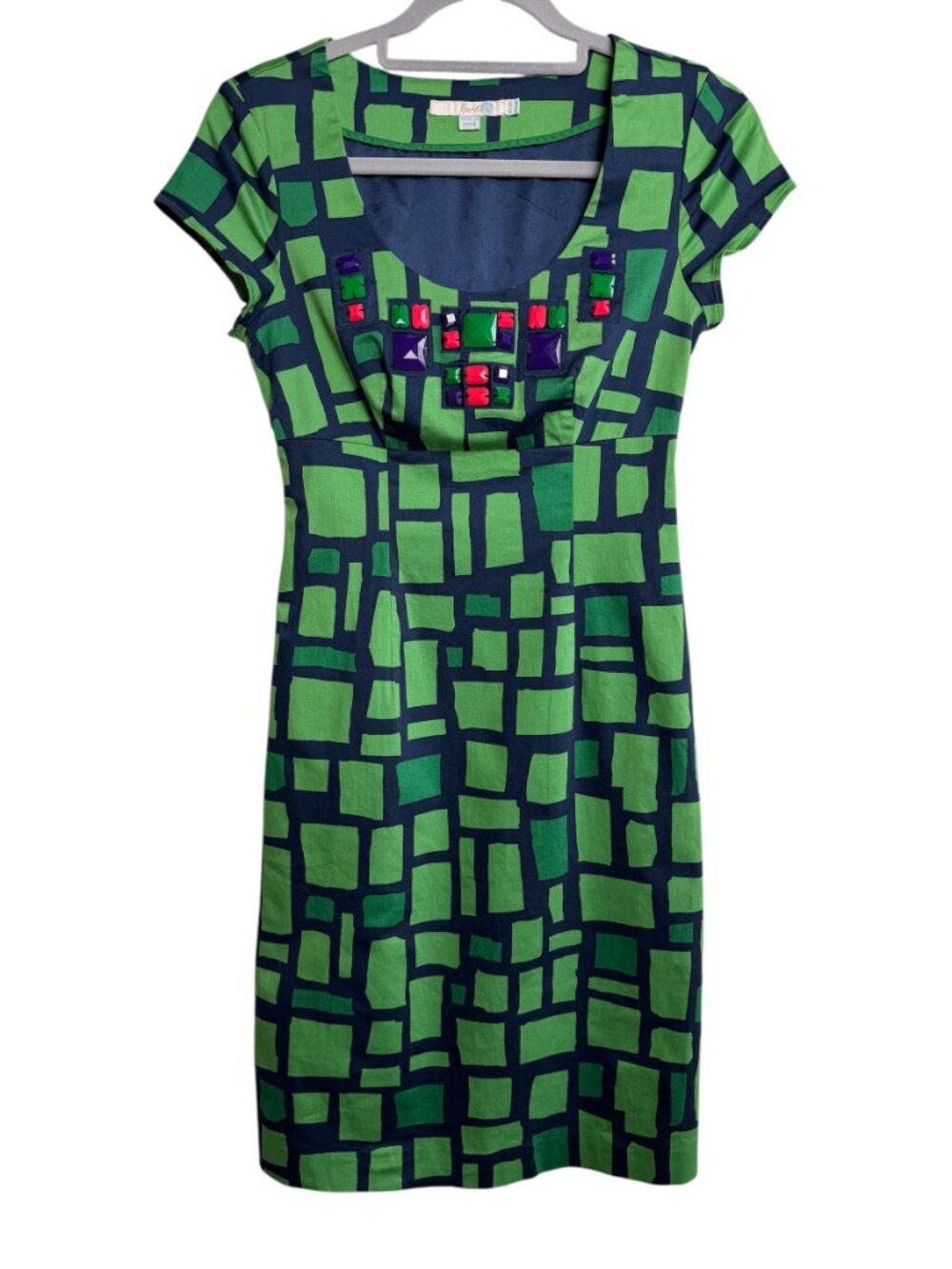Boden Green Navy Geometric Print Jewel Embellished Cap Sleeve A-Line Dress US 2